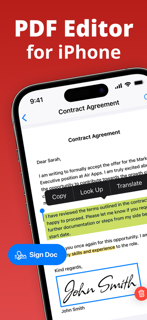 PDF Air - Editor and Converter - iPhone screen displaying the PDF Air app with a signed contract and highlighted text