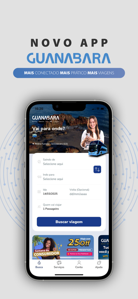 Guanabara mobile app interface for searching and booking bus tickets in Brazil