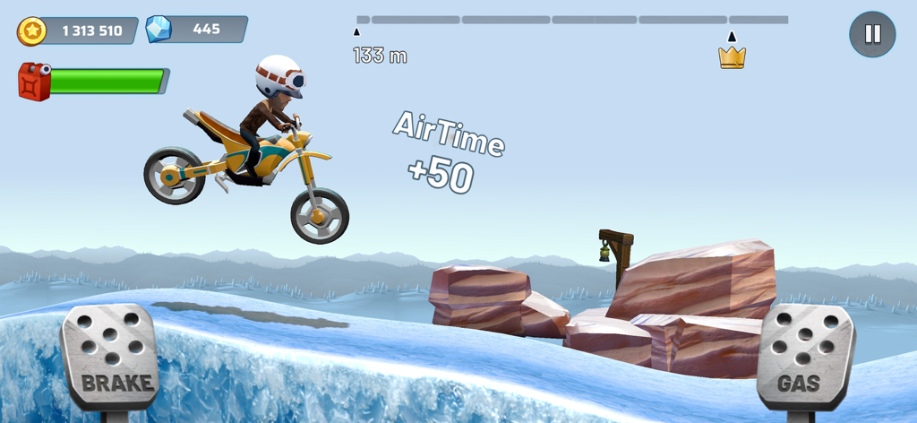 Mountain Climb Jump - A motorcycle performing an air jump on a snowy mountain track in the Mountain Climb Jump game