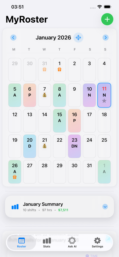 MyRoster - Monthly calendar view in the MyRoster app showing color-coded shifts and a monthly earnings summary