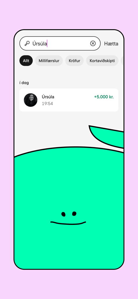 indó - Indo app search screen showing a recent transaction and a minimalist green character mascot