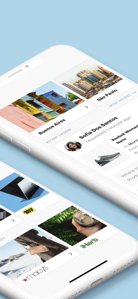 Grabr - Global Shopping - Grabr app interface displaying international travel destinations and shopping order requests for peer-to-peer delivery.