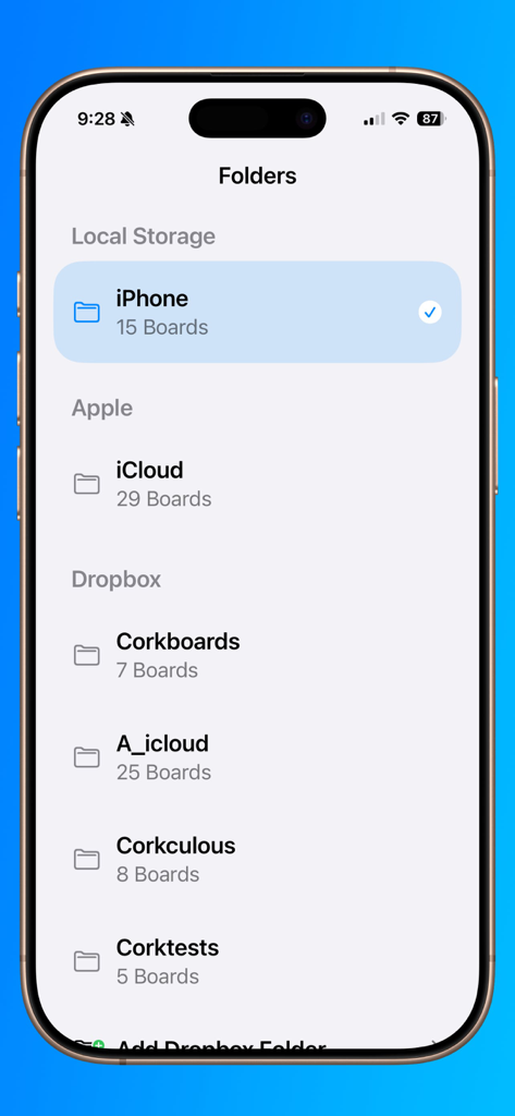 Corkulous - Your Ideas - iPhone screen displaying Corkulous app folders with local storage, iCloud, and Dropbox syncing options.