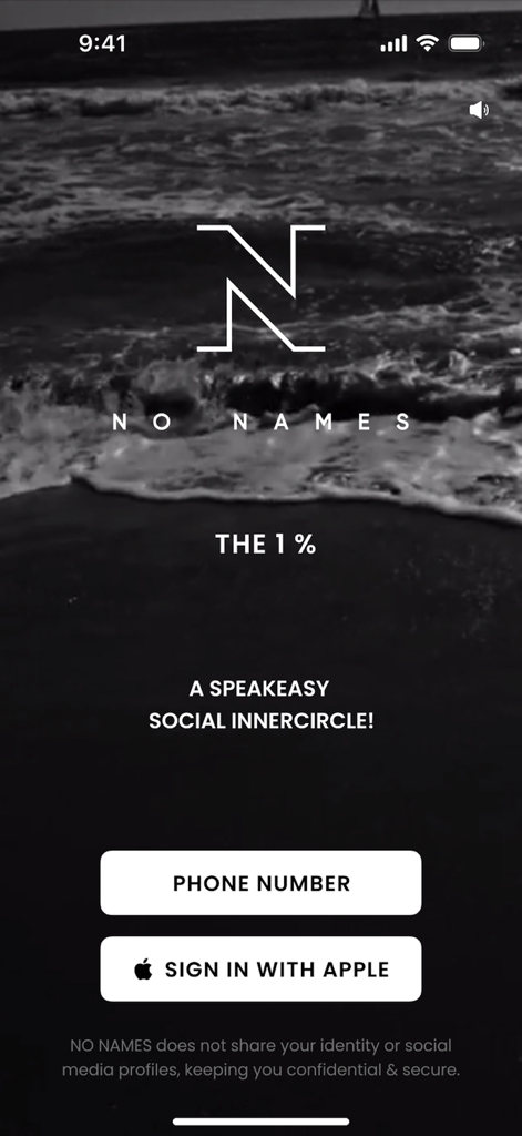 A tela de login do aplicativo de clube social speakeasy NO NAMES para a elite global.