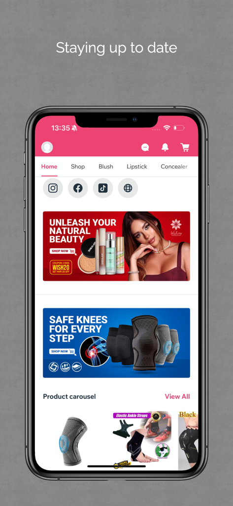 Pantalla de inicio de la aplicación Wish Express Mv con banners de productos de belleza y deportes