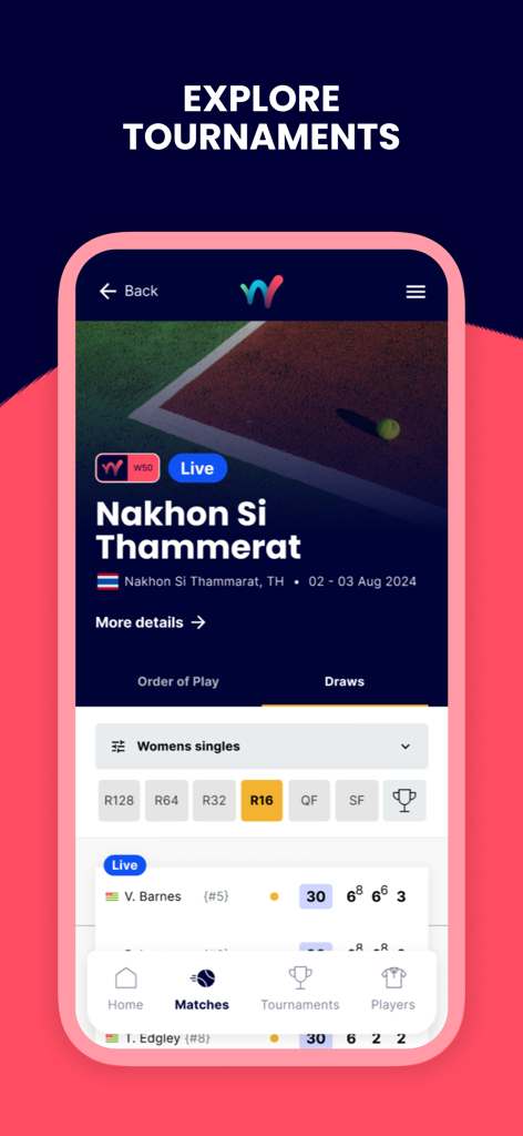 World Tennis Tour Live - World Tennis Tour Live app displaying live tournament scores and draws