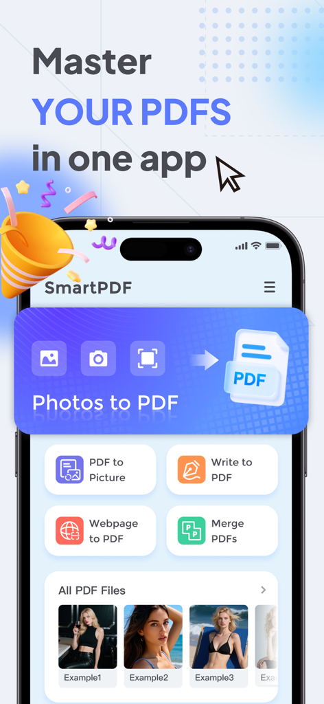 Smart PDF mobile app interface showing photos to PDF conversion and document management tools