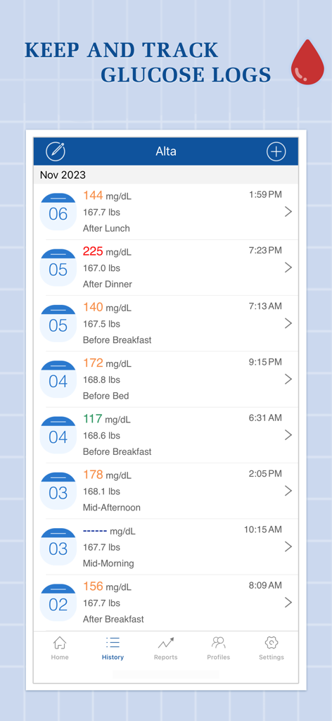 Glucose Companion Pro - History screen of Glucose Companion Pro app showing blood sugar and weight logs