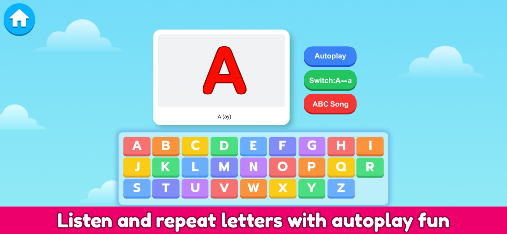 ABC Alphabet - Phonics A to Z - Interface d'application éducative montrant une carte flash de la lettre A avec une grille d'alphabet colorée pour la pratique de la phonétique pour enfants.