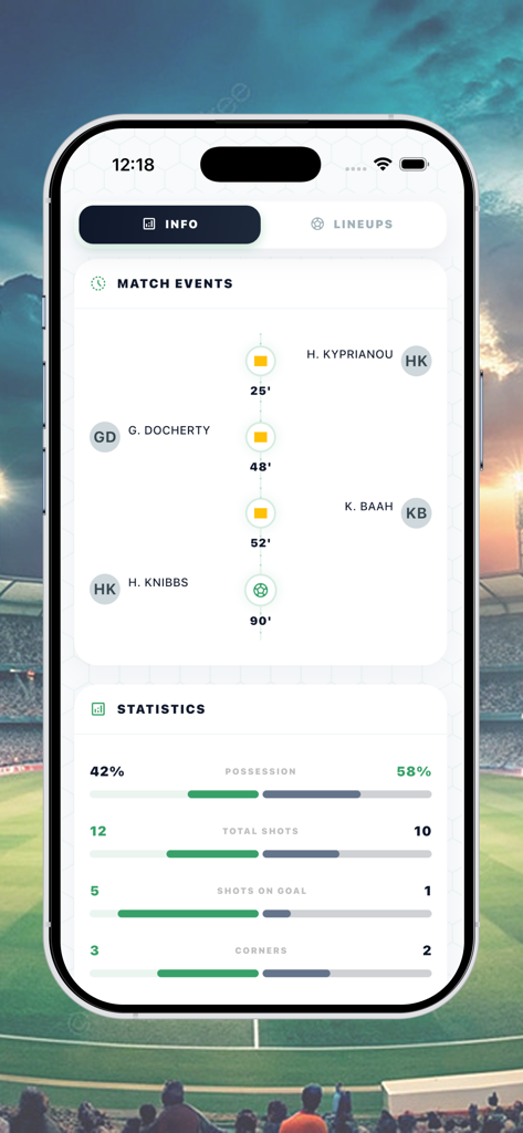 Live Football TV- HD Streaming - Interfaz mostrando la línea de tiempo de eventos del partido de fútbol y estadísticas detalladas del equipo