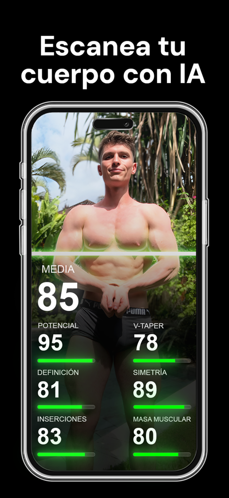 AI body scan results in the Symmetry app displaying muscle symmetry and aesthetic metrics