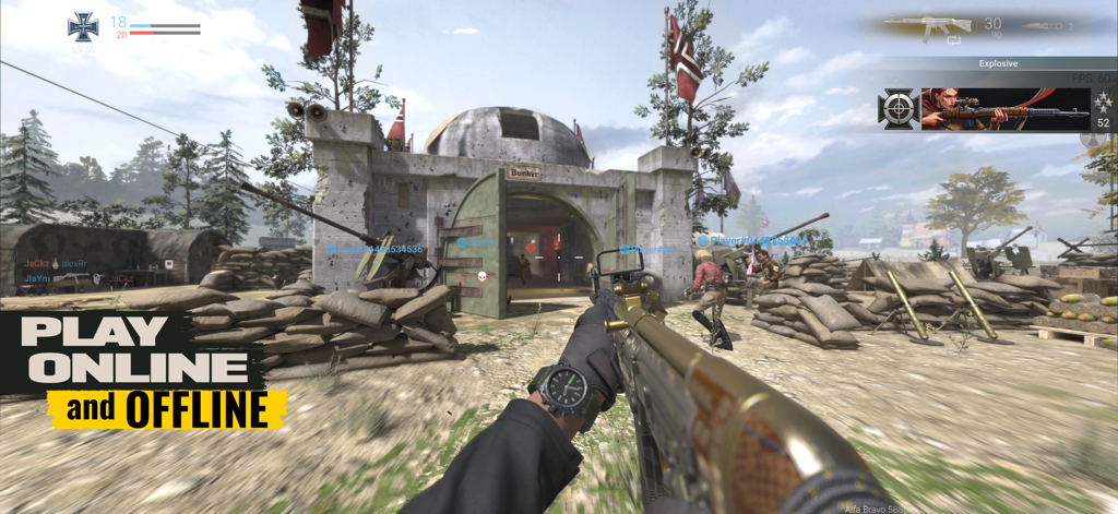 World War Legion: WW2 FPS PvP - A first person shooter perspective in World War Legion showing a golden rifle in a military camp with a bunker and sandbags.