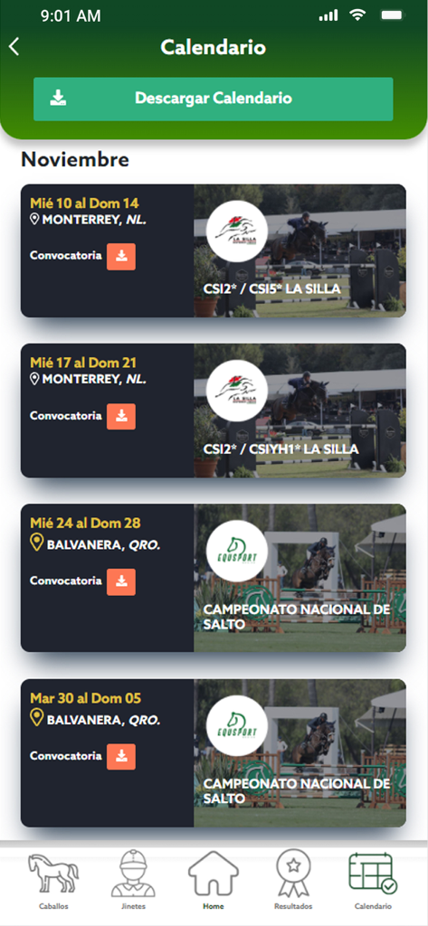 FEM - Official equestrian competition calendar for November in the FEM app showing show jumping events in Monterrey and Balvanera