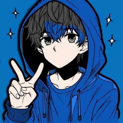 teenage manga boy in a hoodie, doing ✌