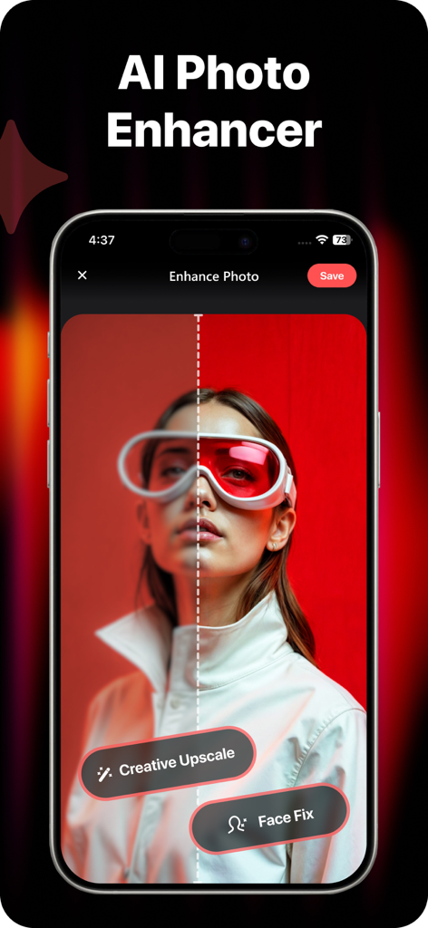 Écran de smartphone montrant un améliorateur de photos par IA avec une comparaison divisée avant et après pour la mise à l'échelle et la correction de visage.