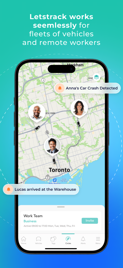 Letstrack - Family App - Letstrack app interface displaying real-time GPS tracking for a work team on a map with car crash and arrival alerts
