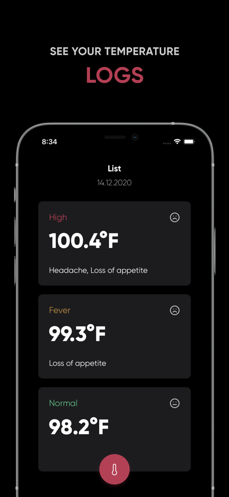 A list of body temperature records and symptoms in the AI Body Temperature Analyser app