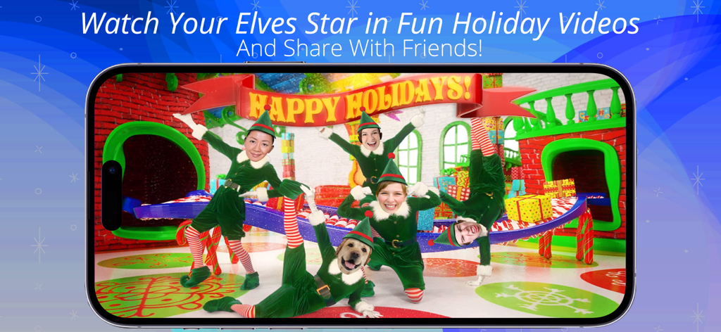 Grupo de elfos bailando con caras personalizadas en una escena navideña festiva