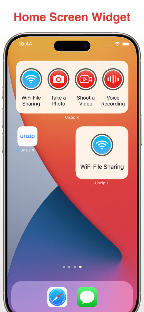 An iPhone home screen displaying multiple Unzip Pro widgets for quick access to WiFi file sharing and media recording tools