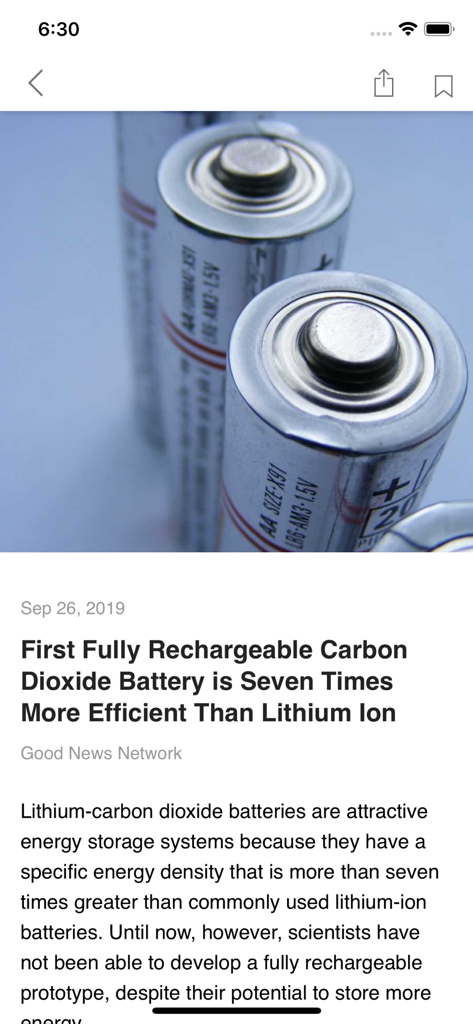 Good News Network - Screenshot of a news article about a rechargeable carbon dioxide battery on the Good News Network app
