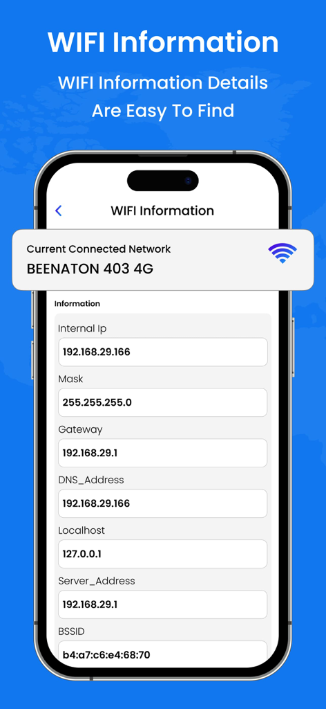 Una pantalla de aplicación móvil que muestra información detallada de la red WiFi, como la dirección IP y la puerta de enlace