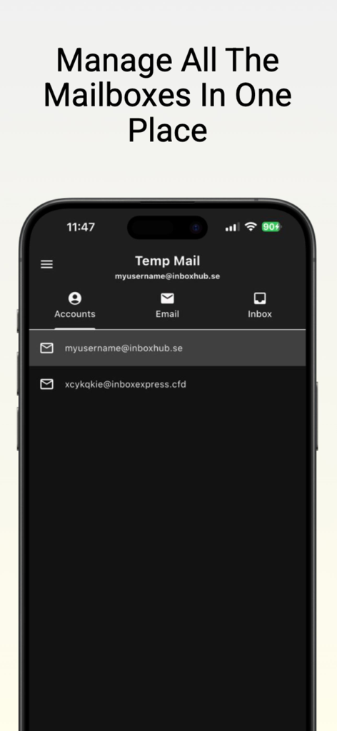 Interface mostrando várias contas de e-mail temporárias gerenciadas no aplicativo Temp Mail.