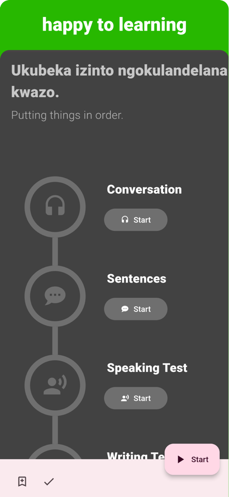 Zulu - Listening Speaking - Zulu language learning app interface showing conversation sentences and speaking test modules