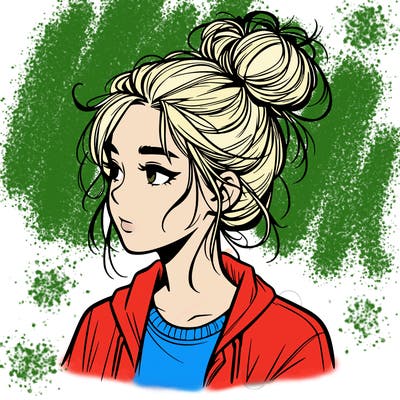 realistic teenage girl with a messy bun