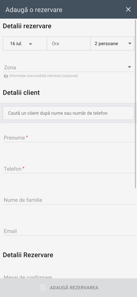 Interface for adding a new restaurant reservation with customer and booking details