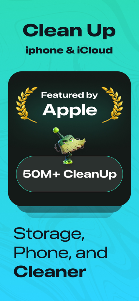 Clever Cleaner: Phone Cleaner - Clever Cleaner promotional screen featuring Apple recognition and over 50 million cleanups for iPhone and iCloud storage.
