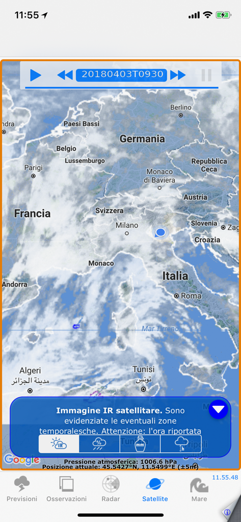 Infrared satellite weather map of Italy and Europe on the Meteo Veneto mobile app.