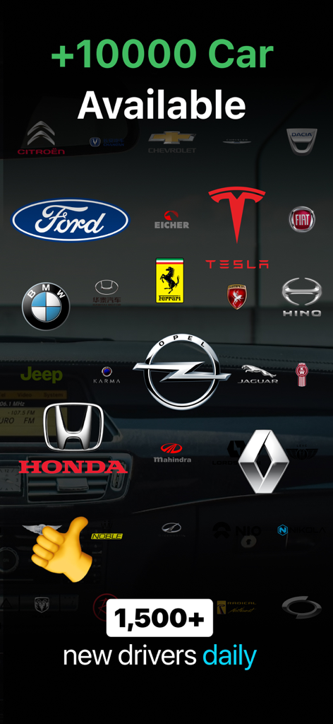 Car Play Connect・Dashboard・GPS - Uno schermo che mostra i loghi di numerosi marchi automobilistici come Ford, Tesla e BMW, indicando la compatibilità con oltre 10.000 modelli di auto.