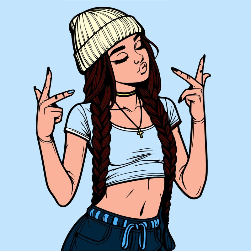 realistic teenage girl with braids and a beanie and crop top doing 🫶🏼