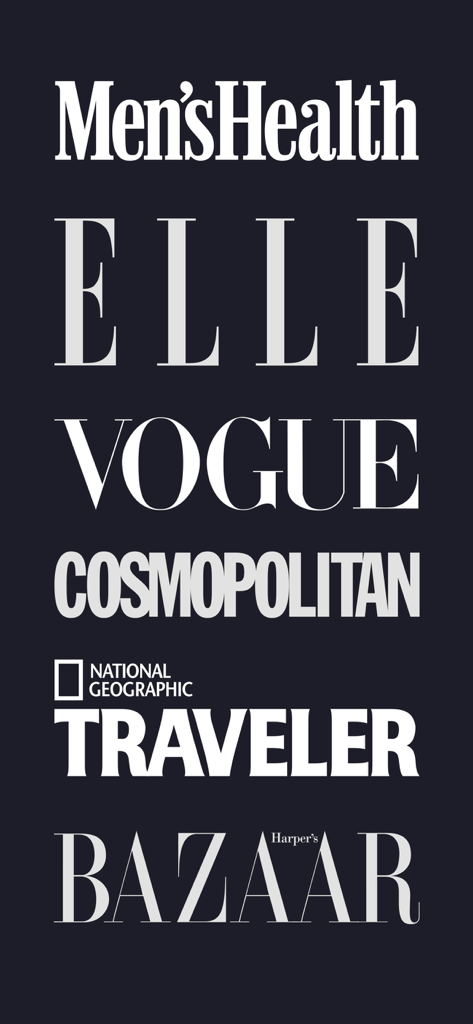 Logos beliebter Magazine wie Vogue, Elle und Men's Health, die auf der Readly-App verfügbar sind.