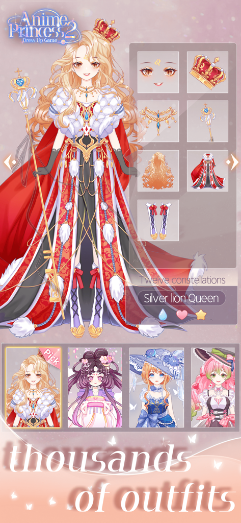 Anime Princess 2：Dress Up Game - A gameplay screenshot of Anime Princess 2 Dress Up Game showing an anime character in a Silver Lion Queen royal gown with various accessory options.