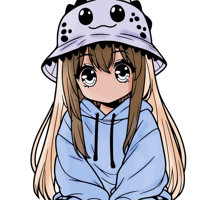girl with anime shaped eyes with a dinosaur bucket hat oversized sweatshirt long straight hair