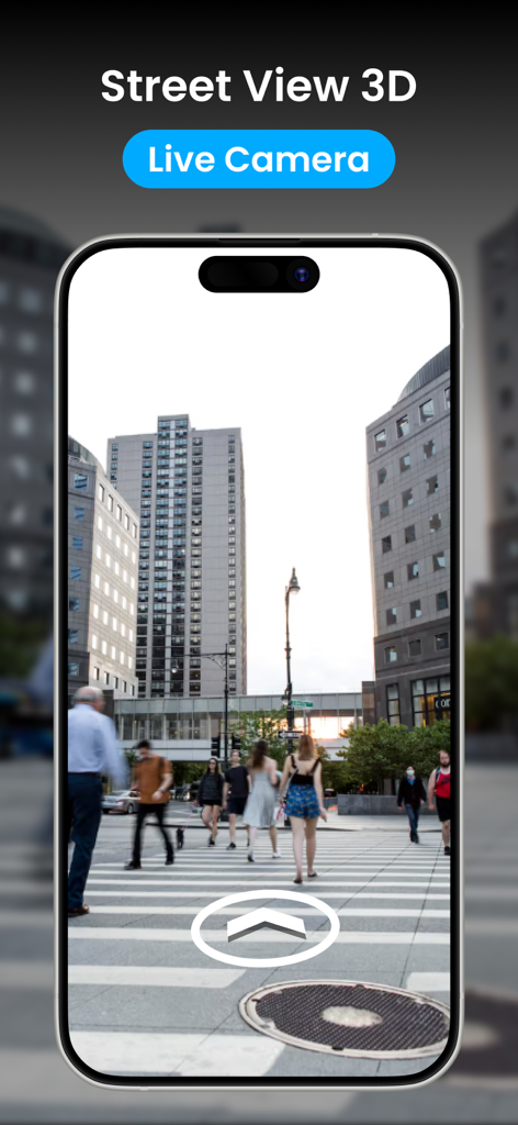 EarthX: 3D Map & Nearby Places - Navegação 3D de visualização de rua no aplicativo EarthX mostrando uma faixa de pedestres da cidade e edifícios altos