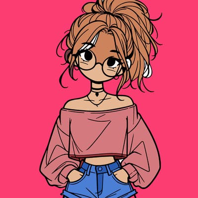 girl with a messy ponytail glasses a baggy crop top and jean shorts