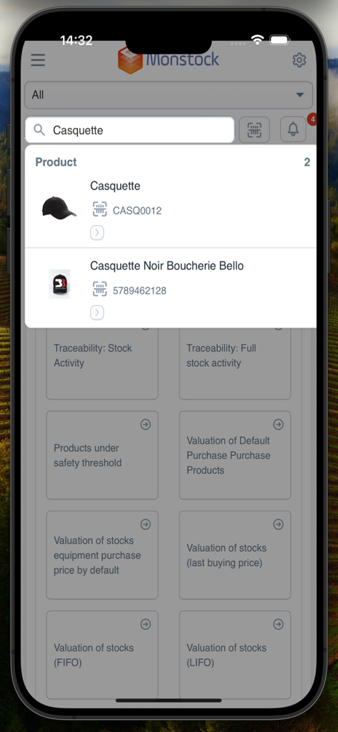Monstock - Monstock mobile app showing a product search and inventory management dashboard tiles