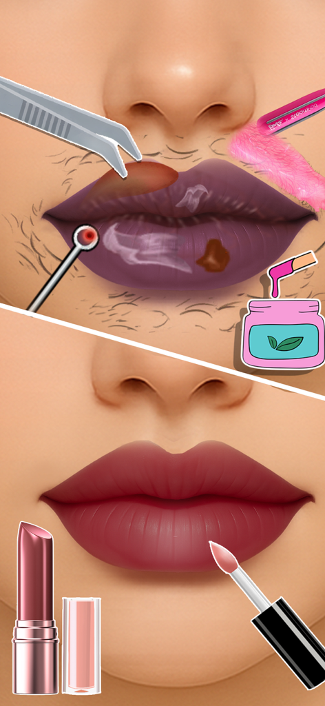 Visão de tela dividida mostrando um tratamento de beleza labial e a aplicação final de batom vermelho