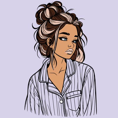 realistic woman with pajamas on and a messy bun