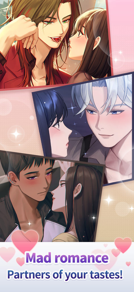 Secret Crossing : story game - A collage showing three different romantic anime character pairings with the text Mad romance Partners of your tastes