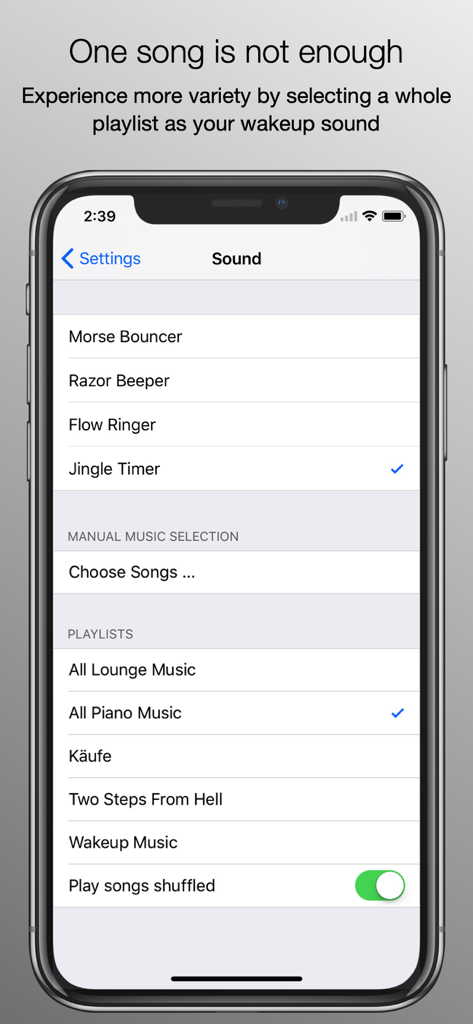 Atomic Clock (Gorgy Timing) - Pantalla de configuración de sonido de alarma en la aplicación Reloj Atómico que muestra la selección de lista de reproducción y las opciones de reproducción aleatoria