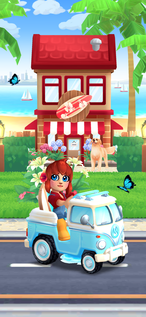 It's Literally Just Mowing - 赤い髪のキャラクターが青い芝刈り機トラックに乗って、サーフボードのある海岸沿いの家の前にいる。