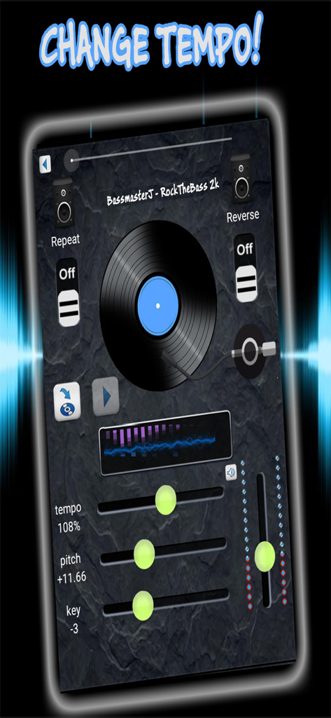 DJ Remixer & Music Player - Interface de l'application DJ Remixer présentant une platine vinyle et des curseurs pour ajuster le tempo et la hauteur.
