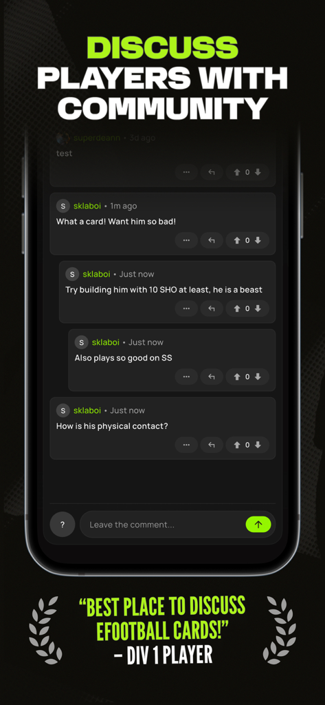 Community discussion screen in the eFootBase app where users share advice on eFootball player builds and card attributes