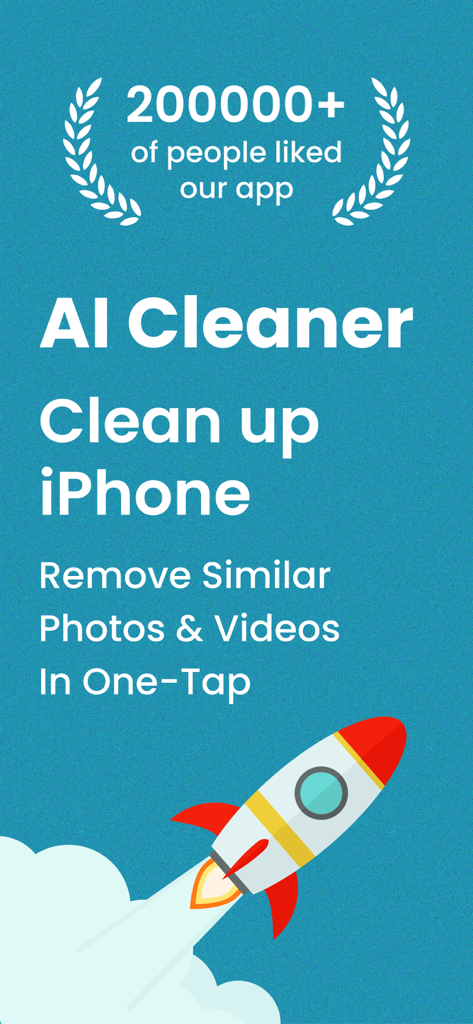 AI Cleaner app promotional graphic featuring a rocket launch and text about removing similar photos and videos on iPhone