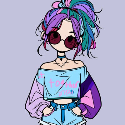 girl with a messy ponytail glasses a baggy crop top and jean shorts