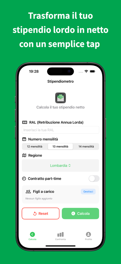 Smartphone-Bildschirm mit der Stipendiometro App Gehaltsrechner-Oberfläche zur Umrechnung von Brutto- in Nettoeinkommen