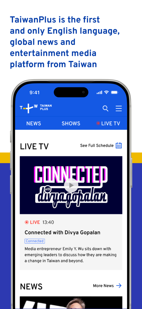 TaiwanPlus - TaiwanPlus 앱 홈 화면이 실시간 TV 방송과 뉴스 카테고리를 보여주고 있음
